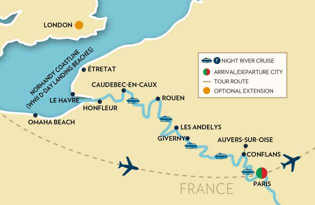 Normandy, Paris and the Seine River Cruise Map